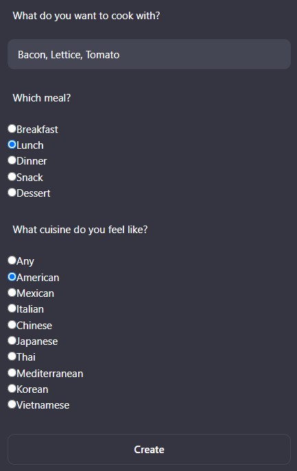 The user interface of Saig, with sections for inputting ingredients, meal type, and cuisine