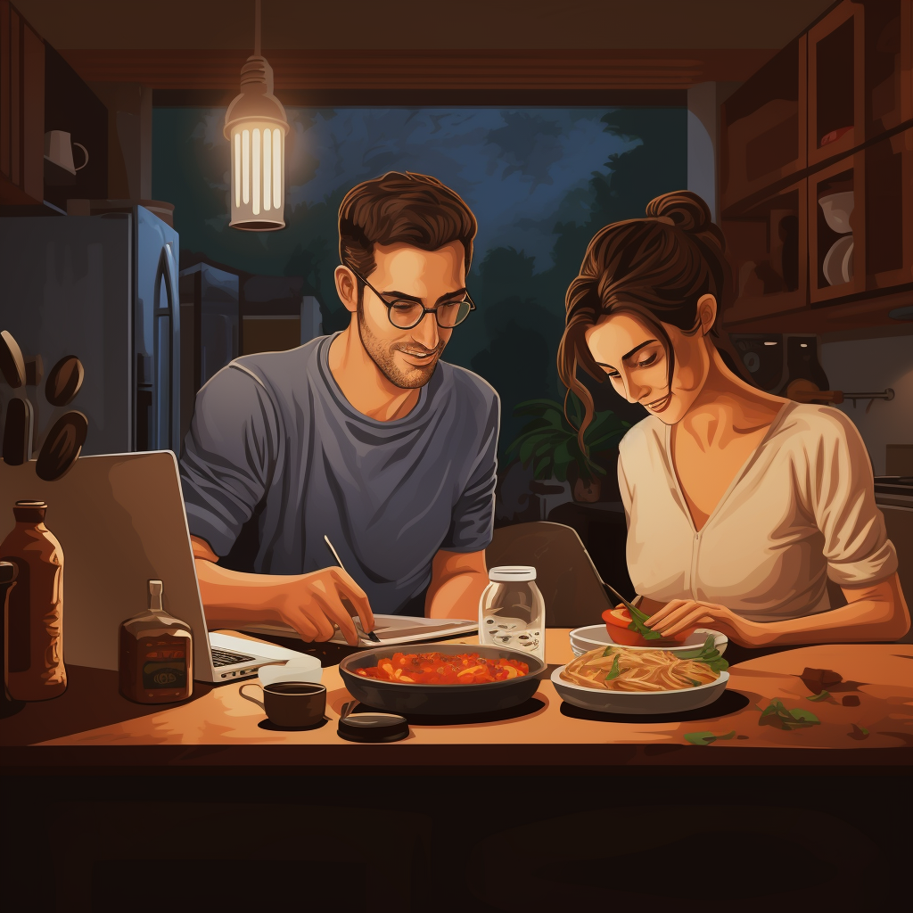 A cartoon-style or illustrative image depicting the husband tinkering with AI tools and the wife cooking up a storm in the kitchen.