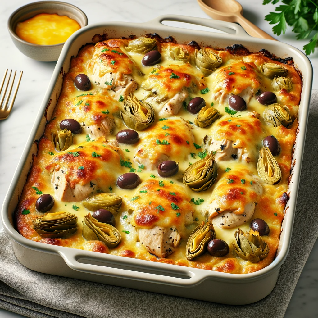 Freshly baked Chicken, Artichoke, Olive, and Provolone Cheese Bake in a baking dish, showcasing golden, melted provolone cheese on top, garnished with parsley, with visible layers of tender chicken, artichokes, and olives, set in a modern kitchen environment.