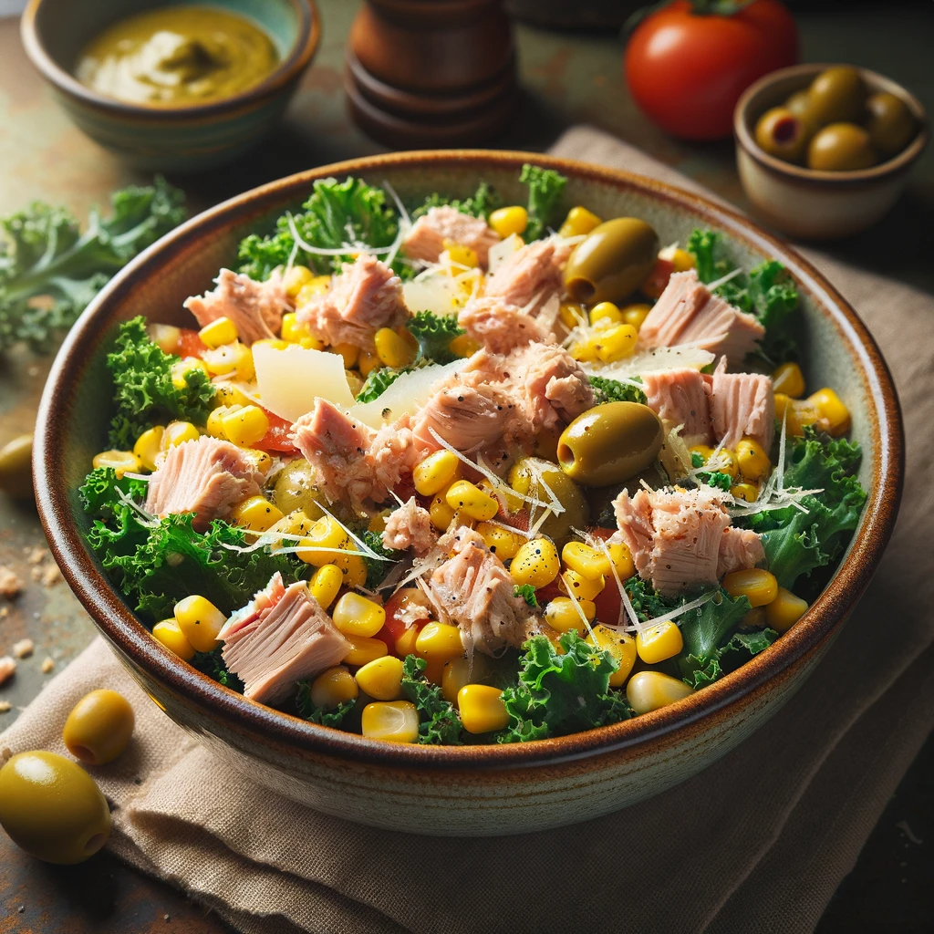 Authentic Italian-Style Tuna and Corn Salad in a rustic bowl, featuring flaked tuna, sweet corn, fresh kale, and diced onion, garnished with Parmesan cheese, cherry tomatoes, and olives, presented in a cozy Italian kitchen ambiance.