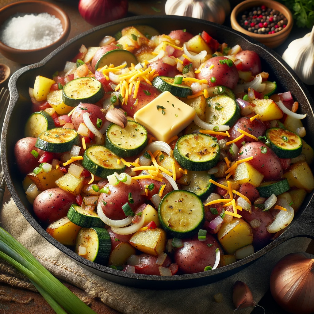 Delicious American-style Breakfast Hash in a skillet, showcasing golden brown red potatoes, sautéed onions and garlic, and zucchini, topped with melted cheddar and fresh herbs, set in a cozy kitchen atmosphere, ideal for a hearty morning meal."