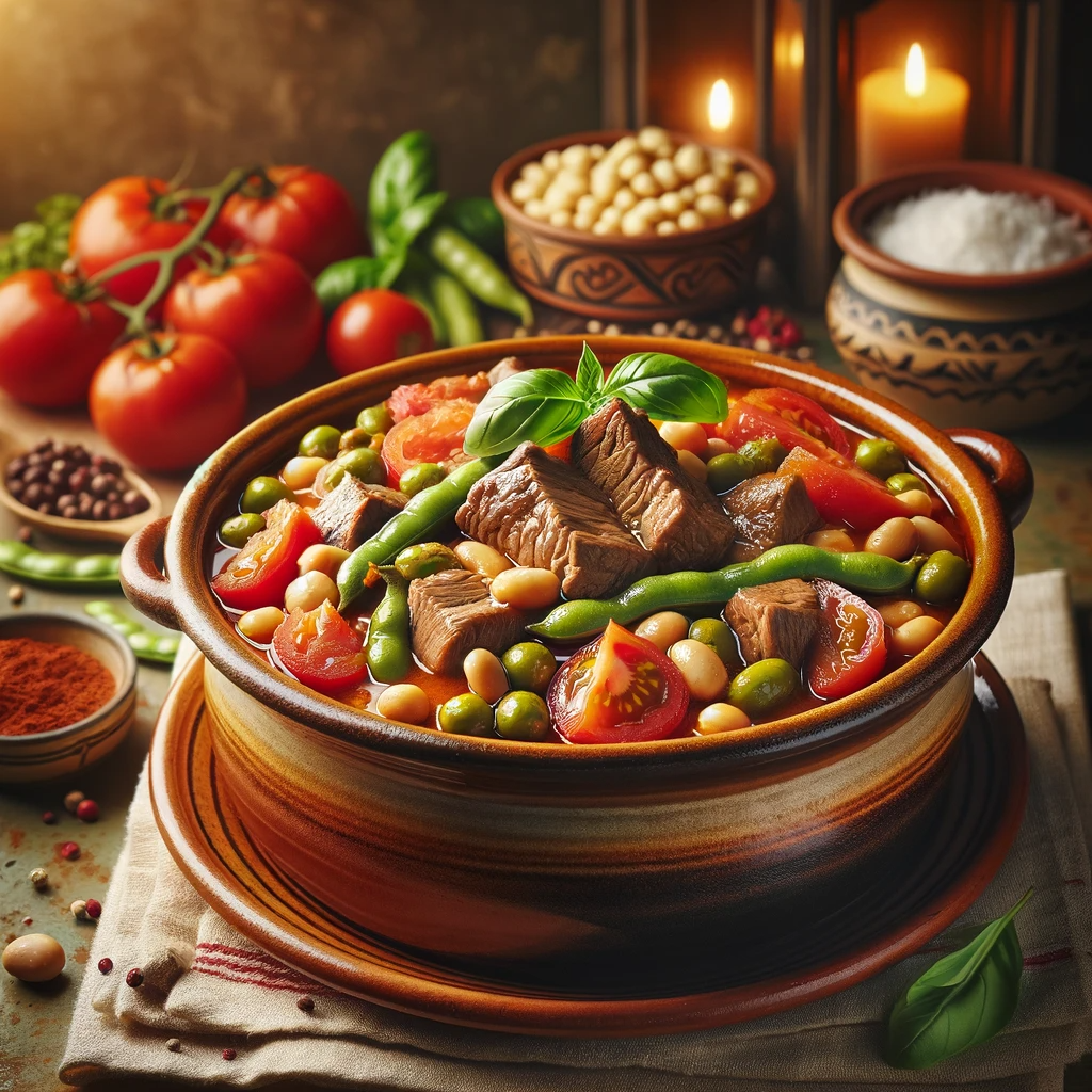 A hearty bowl of Italian Beef Stew with Fava Beans, Tomatoes, and Basil, featuring succulent beef, vibrant fava beans, and fresh tomatoes, garnished with basil, served in a rustic kitchen setting, capturing the essence of traditional Italian cooking.