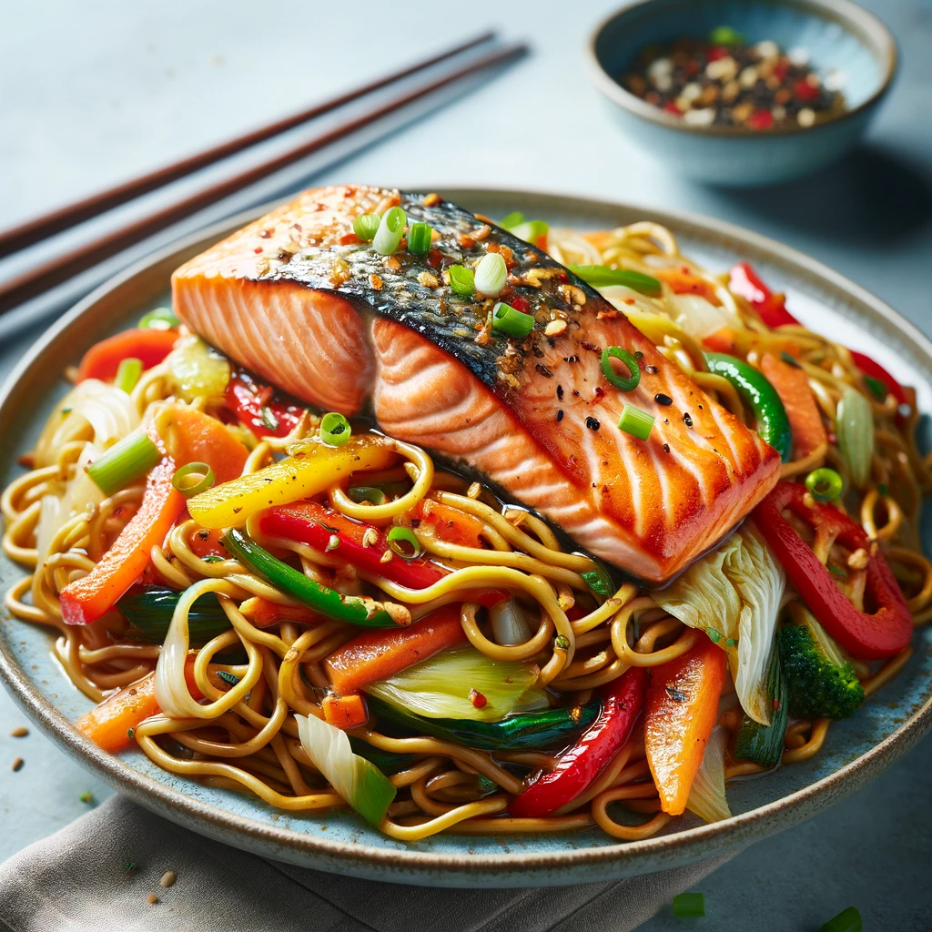 A tantalizing dish of Chinese Style Garlic Salmon with Chow Mein Noodles, displaying a succulent salmon fillet atop glossy, sauce-coated noodles and crisp vegetables, garnished with green onions, embodying a fusion of traditional flavors and modern culinary artistry.