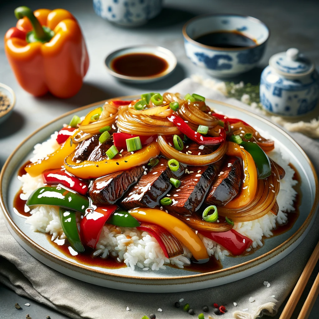 A tantalizing display of Asian culinary delights – Chinese Style Steak with Bell Pepper and Onion, featuring succulent slices of steak and crisp vegetables in a savory glaze, served over rice and garnished with green onions, set in an elegant Chinese cookbook-style kitchen.