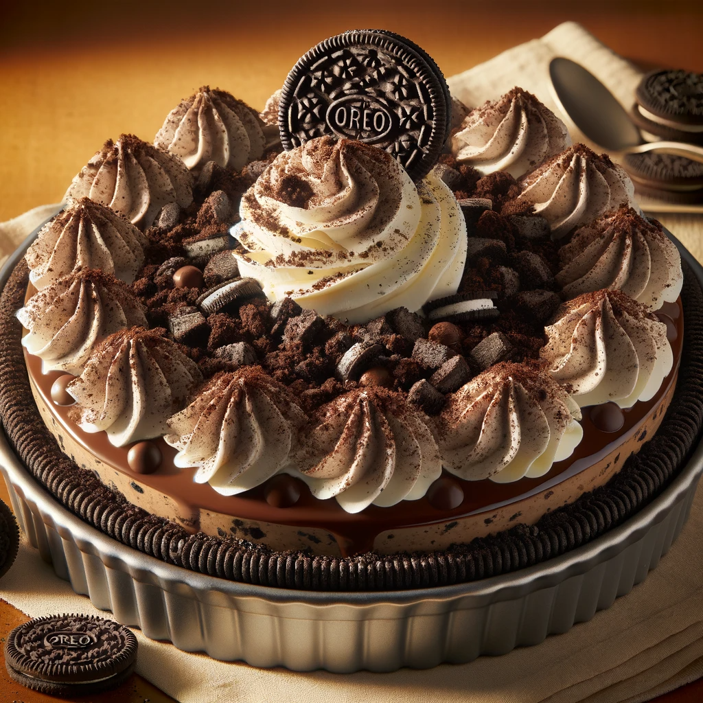 Create a high-resolution image of a Chocolate Chip Oreo Ice Cream Pie in a 9-inch pie dish. The pie should have a dark Oreo crust, a rich layer of chocolate chip ice cream, and be topped with crushed Oreo pieces. The pie should be garnished with whipped cream and a drizzle of chocolate sauce, set against a background that evokes a warm, inviting kitchen, capturing the dessert in a style fitting for a gourmet cookbook