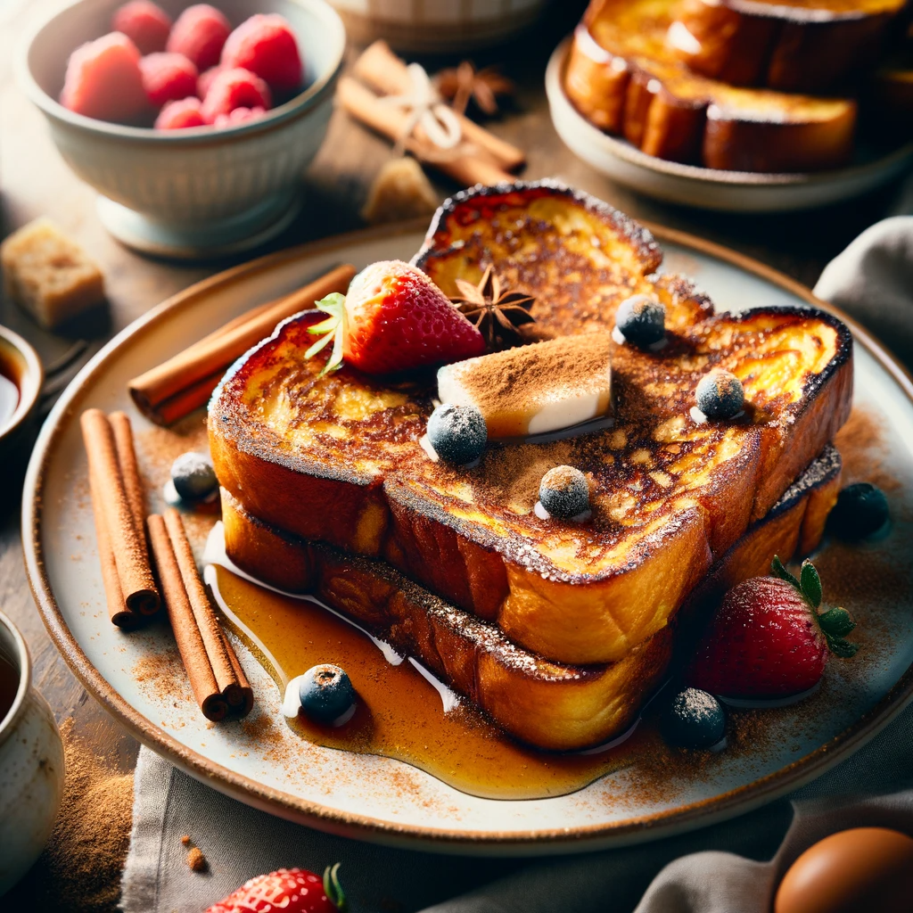 Delicious French Toast with Cinnamon and Sugar on a plate, showcasing golden-brown, cinnamon-dusted slices, complemented by fresh berries and maple syrup, set in a warm and inviting breakfast scene, reflecting the charm of home cooking with a gourmet touch.