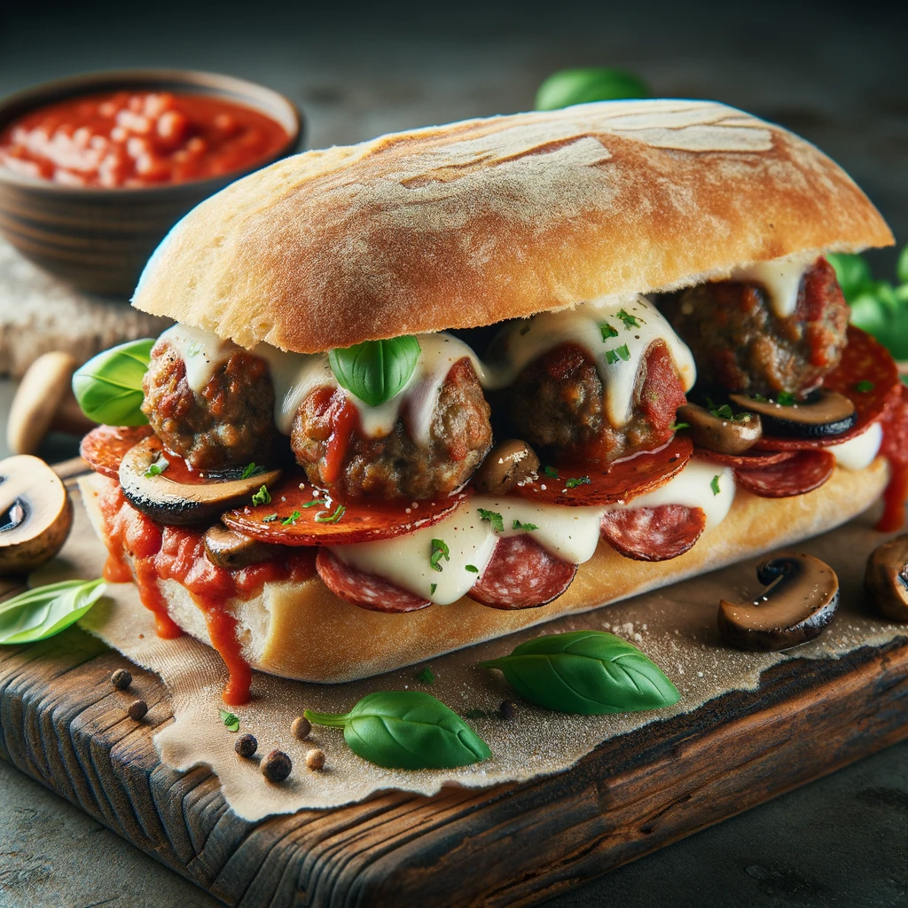 A scrumptious Italian Meatball and Pepperoni Sub Sandwich on a rustic board, displaying layers of meatballs, pepperoni, and melted cheese on a sourdough roll, garnished with basil, embodying the vibrant and hearty flavors of Italian street cuisine.