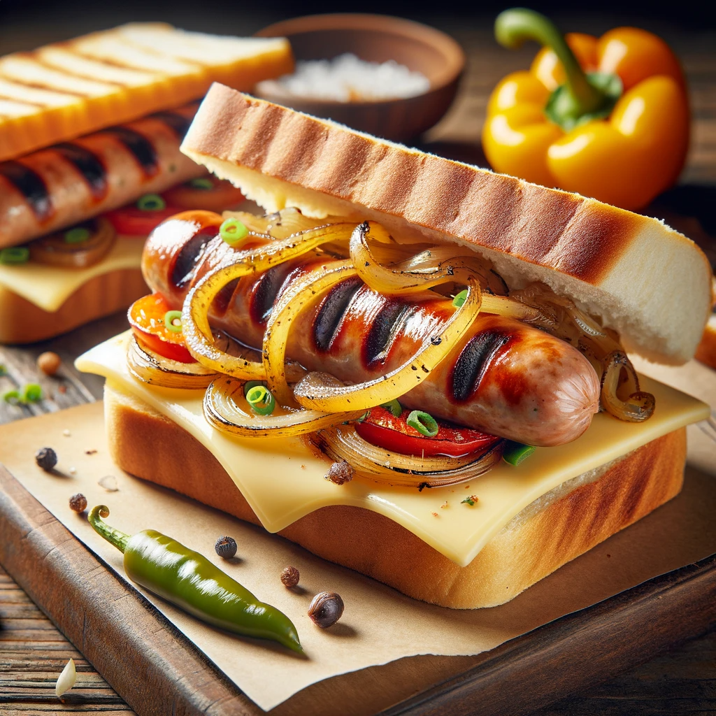 "Delectable Italian Sausage and Jack Cheese Sandwich on rustic bread, showcasing grilled sausage, melted cheese, caramelized onions, and bell peppers, adorned with lettuce and tomato, presented on a wooden board in a traditional Italian kitchen setting