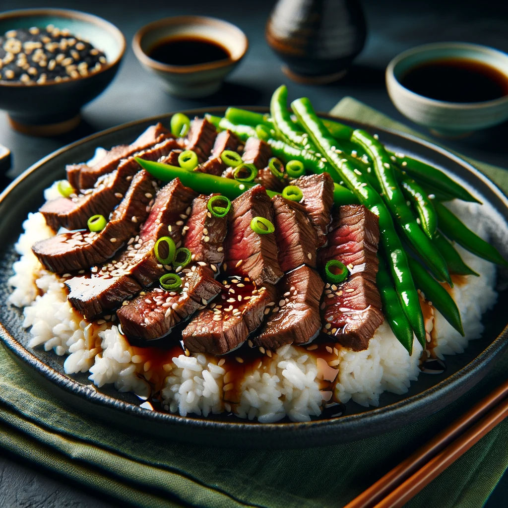 Exquisite Japanese Style Sirloin Beef with Rice and Green Beans, featuring succulent beef slices in a soy-mirin glaze atop steamed rice, accompanied by fresh green beans, garnished with green onions and sesame seeds, set in an elegant Japanese dining setup.