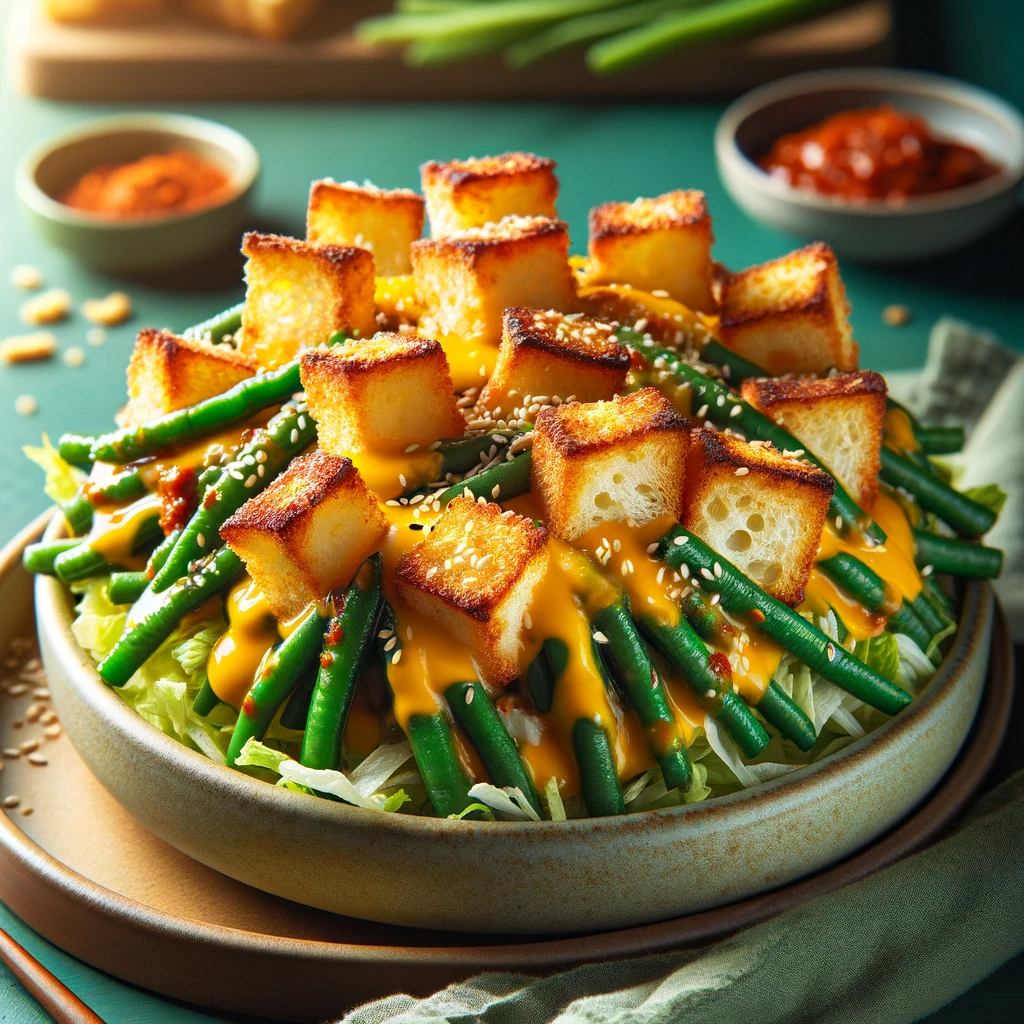 Exquisite Korean-Style Cheesy Crouton Snack served in a stylish dish, featuring innovative home cooking with crispy croutons, melted cheese, glossy gochujang green beans, and fresh lettuce, elegantly garnished with sesame seeds and gochujang drizzle.