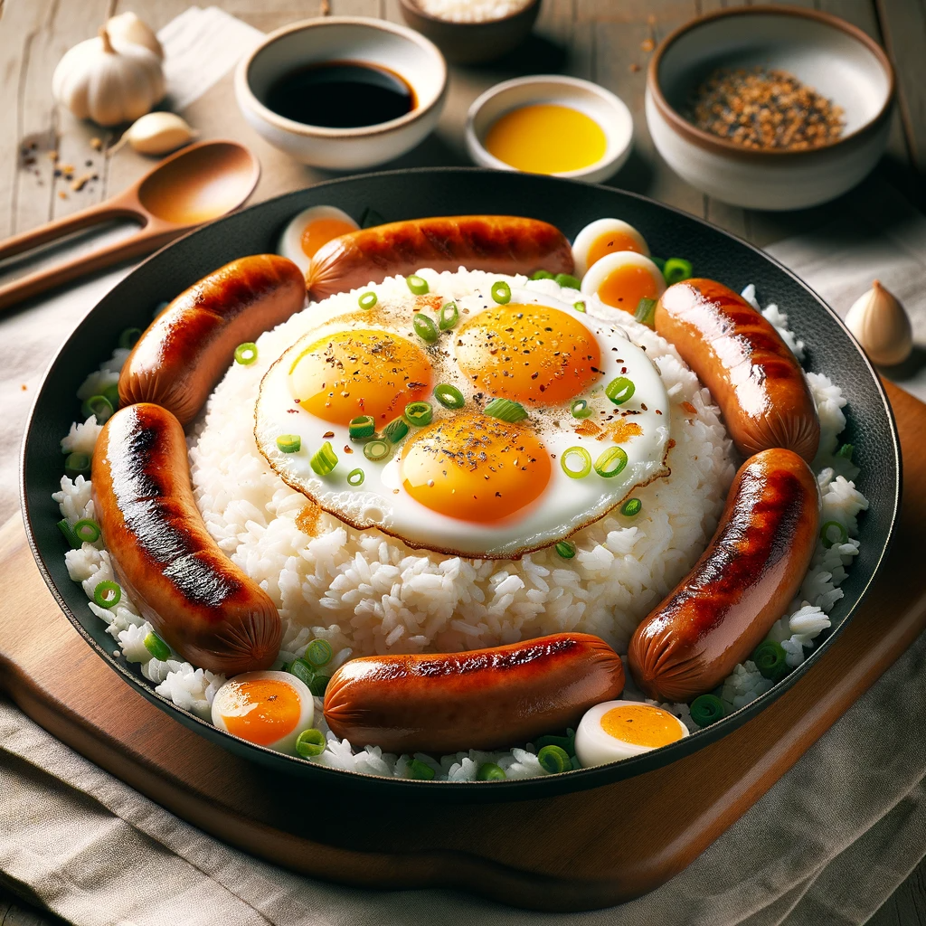 A mouthwatering Korean-style Breakfast of Egg, Rice, and Sausage in a skillet, displaying a mix of perfectly cooked eggs, sausages, and fluffy rice, enhanced with garlic and green onions, capturing the essence of traditional Korean breakfast in a modern culinary setting.