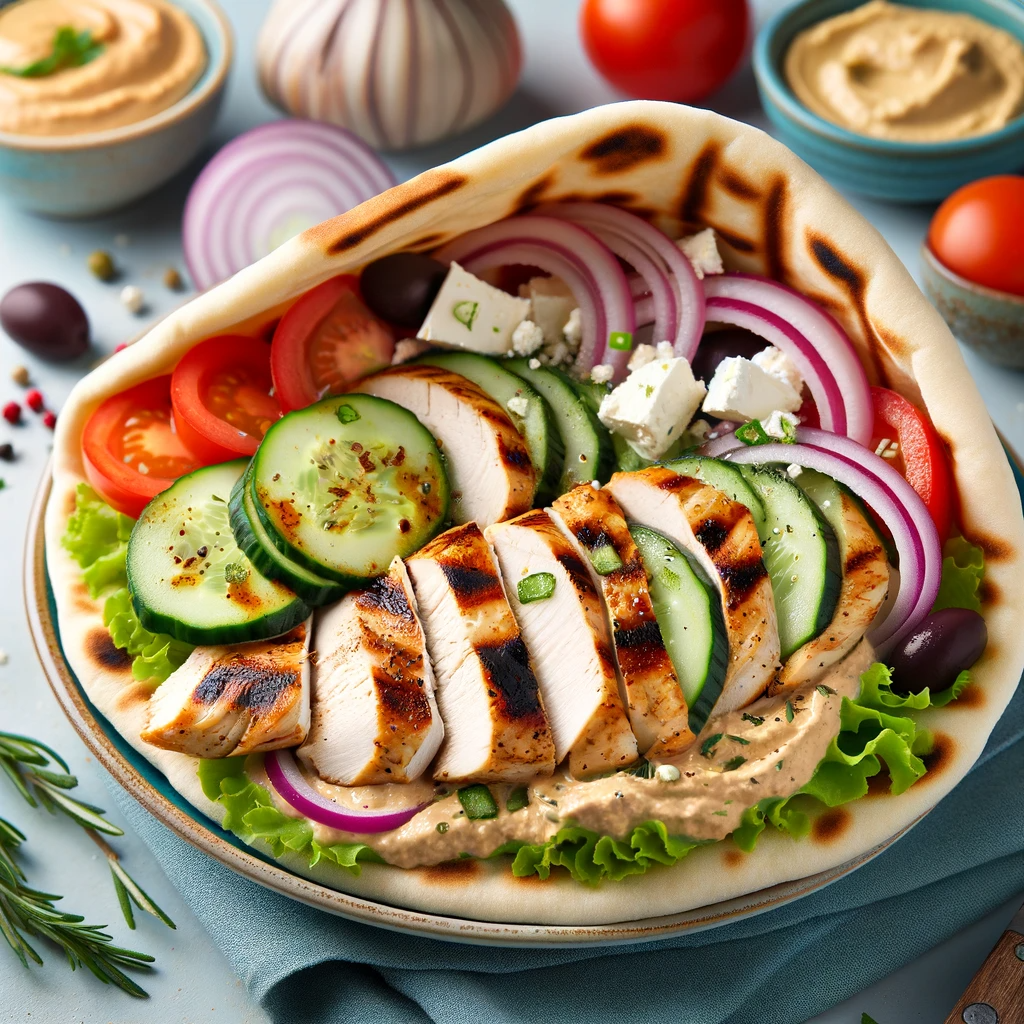 A vibrant Mediterranean Chicken Pita with Cucumber and Hummus, displaying grilled chicken, crisp cucumber, and creamy hummus inside a soft pita, adorned with fresh toppings, captured in a sunlit Mediterranean kitchen ambiance."