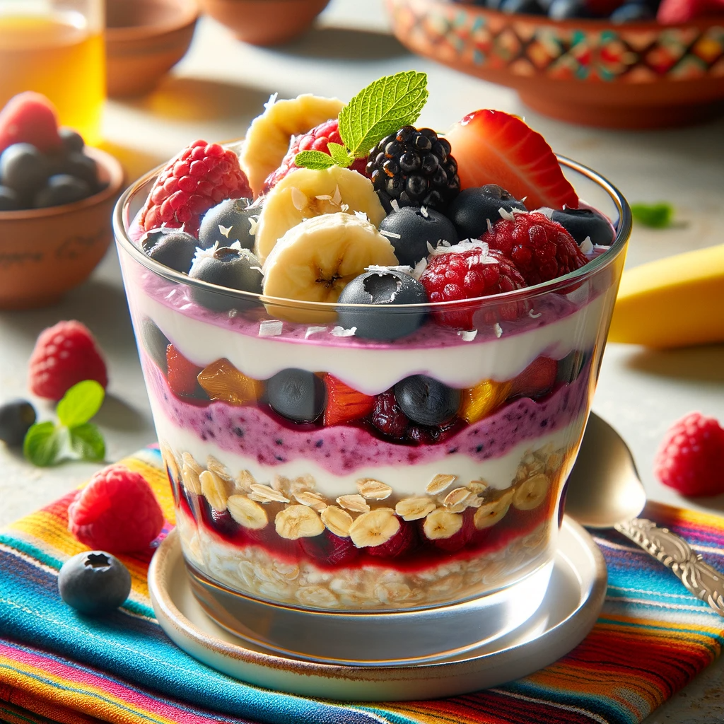 A visually captivating Mexican-Style Mixed Berry Breakfast Parfait in a clear glass, showing layered creamy oatmeal and honey-simmered mixed berries, topped with bananas and coconut, presented on a breakfast table with a colorful Mexican cloth backdrop.