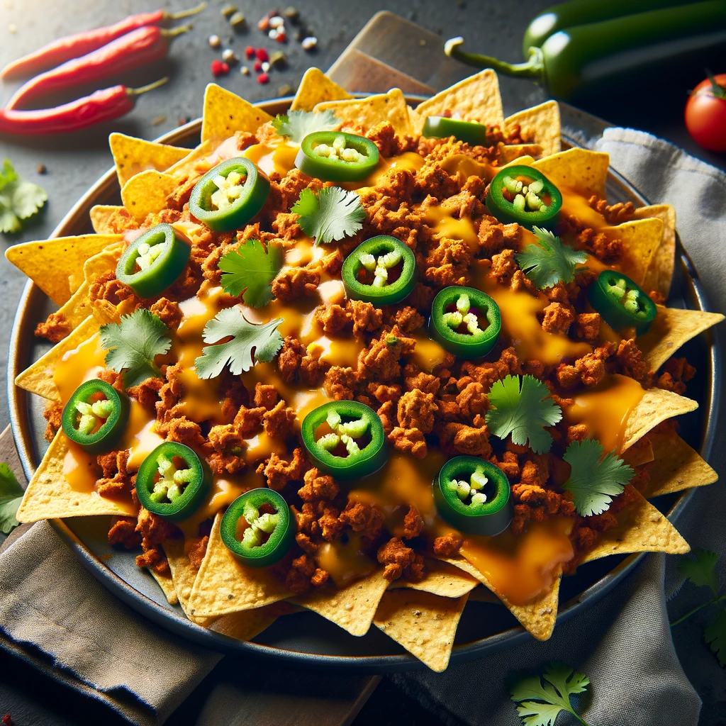 Appetizing platter of Saig's Nachos with Ground Turkey, showcasing a layer of tortilla chips topped with savory ground turkey, melted cheddar, jalapenos, and cilantro, presented in a visually appealing Mexican cuisine style.