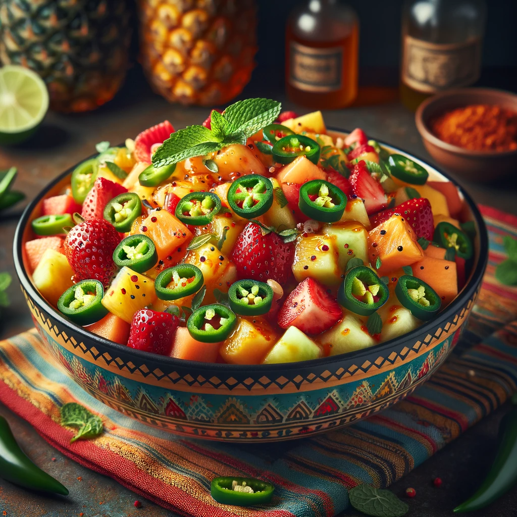 A vibrant Spicy Mexican Fruit Salad in a festive bowl, showcasing a colorful blend of pineapple, melon, and strawberries, spiced with jalapeno peppers and dressed in lime-honey-chili, garnished with mint leaves, set in a lively Mexican market ambiance for a culinary cookbook.