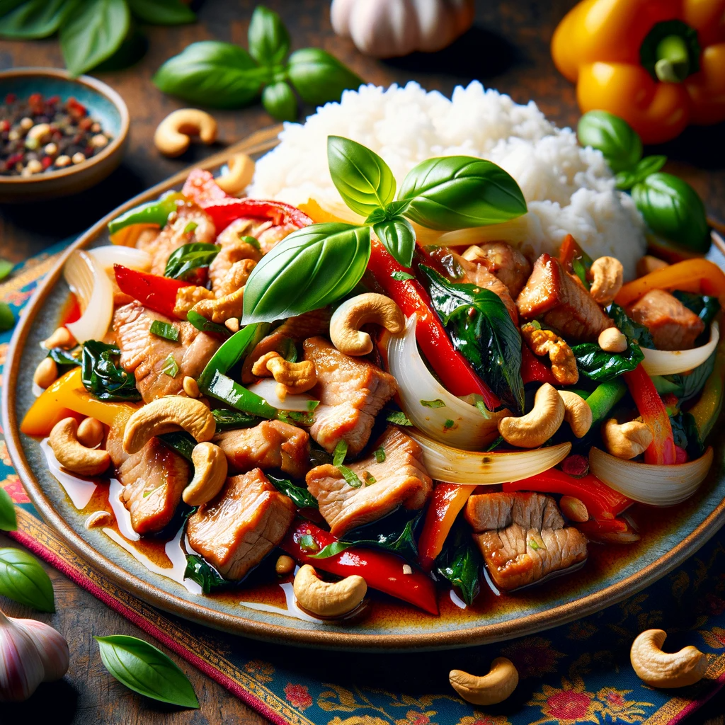 A sumptuous serving of Thai Basil Pork Stir-Fry with Cashews, showcasing tender pork, vegetables, and cashews in a flavorful sauce, beautifully garnished with basil, alongside jasmine rice, set in an authentic Thai kitchen ambiance.