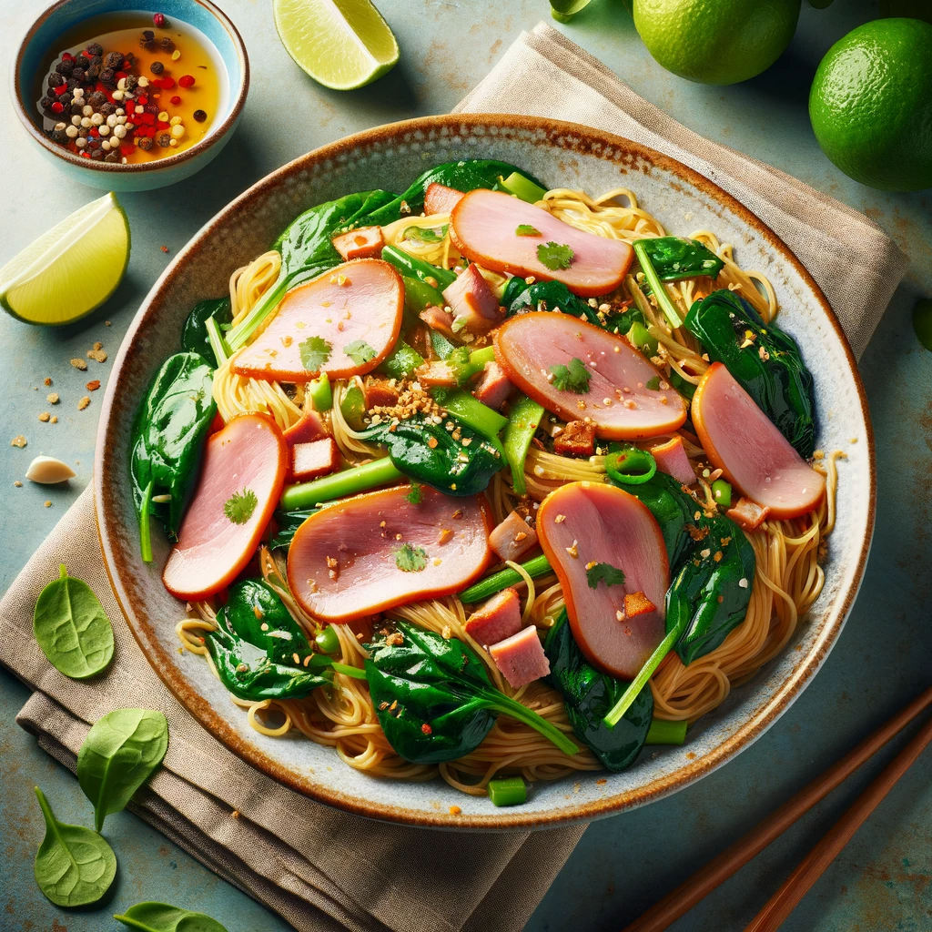 A colorful and appetizing Thai Garlic Ham Noodle Stir-Fry with Spinach, showcasing stir-fried noodles, ham, and spinach in a savory sauce, garnished with cilantro, and accompanied by lime wedges, presented in a modern Thai kitchen, perfect for a contemporary culinary guide.