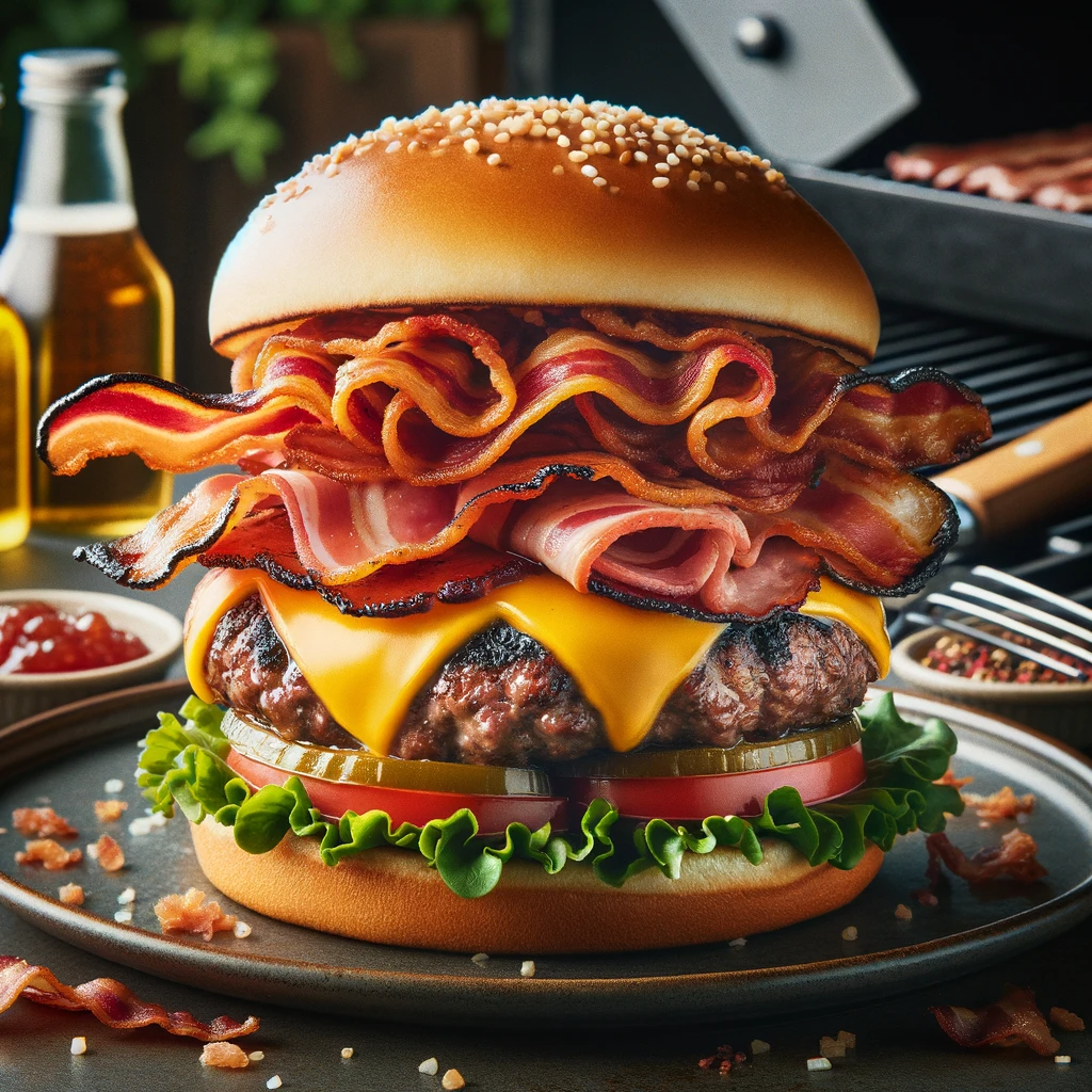 A succulent Ultimate Bacon Burger on a plate, showcasing a juicy patty with melted cheddar, and layers of bacon varieties on a toasted bun, complete with fresh toppings, set against an outdoor BBQ backdrop, embodying gourmet American grilling in a culinary guide.