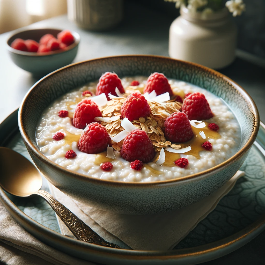 A bowl of comforting Vietnamese Coconut Raspberry Rice Porridge, showcasing creamy coconut-infused rice and oats, topped with fresh raspberries and toasted coconut, artfully drizzled with honey, embodying a blend of traditional flavors and modern culinary elegance.