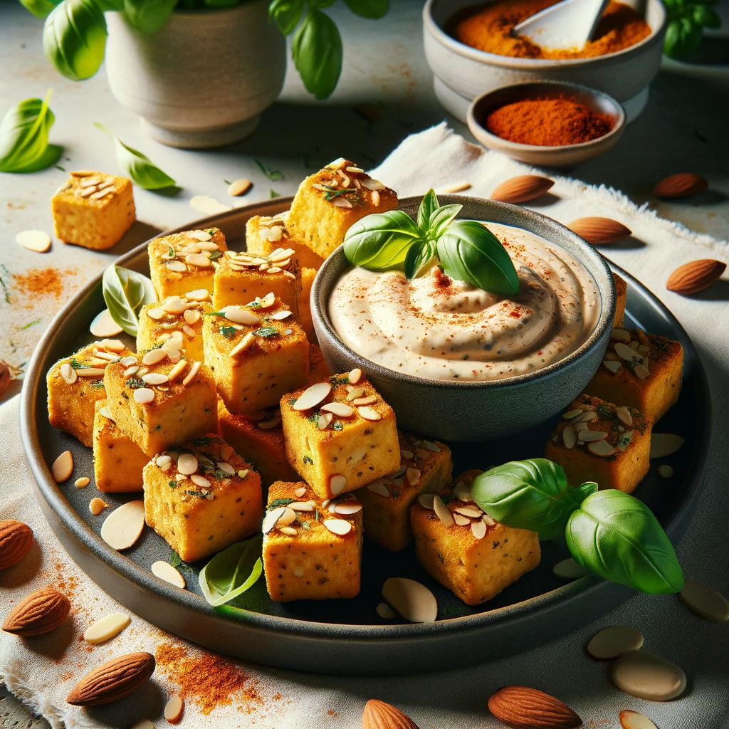 Basil-Almond Tofu Bites with Paprika Dip. This image captures the essence of the dish, highlighting the contrast between the crispy tofu bites and the creamy dip.