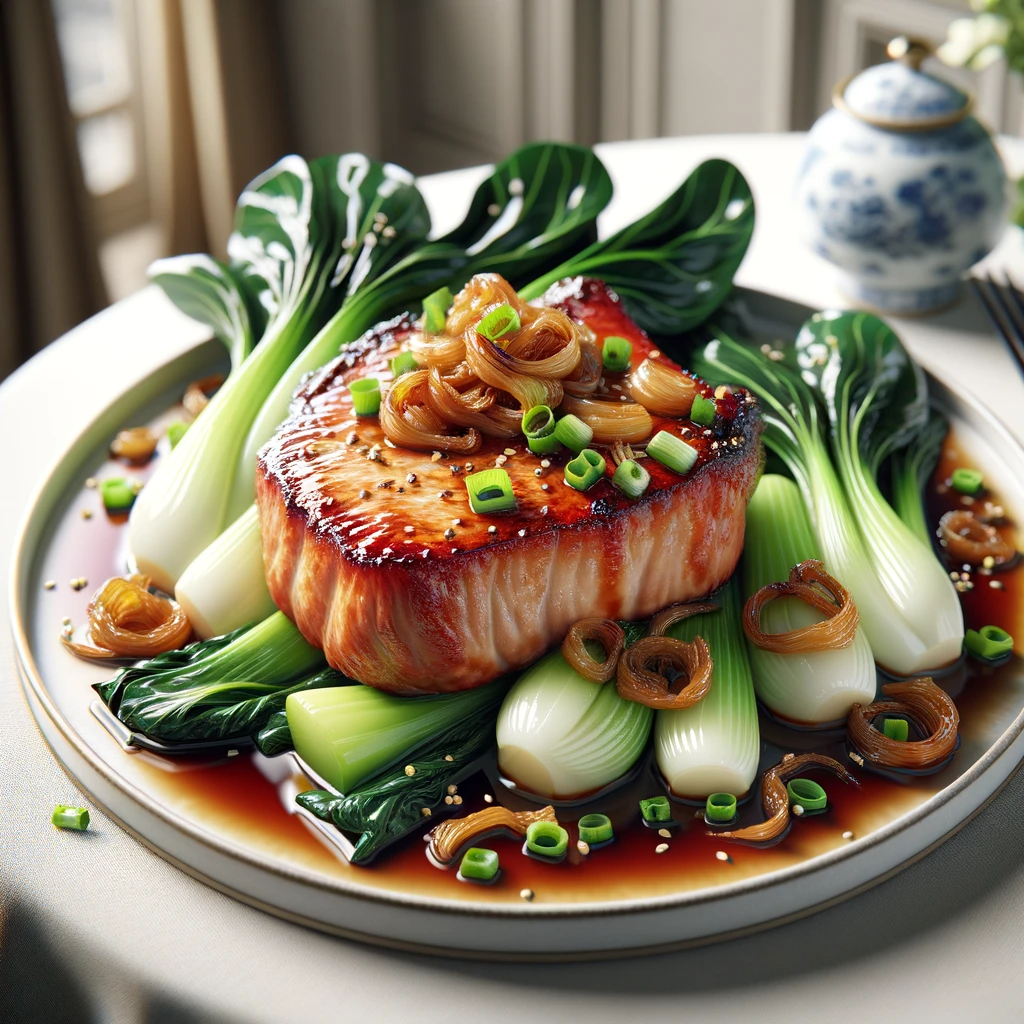 A beautifully presented Chinese-style Pork Chop with Bok Choy and Shallots, illustrating the art of AI-driven meal ideas, combining traditional Chinese flavors with modern culinary presentation.