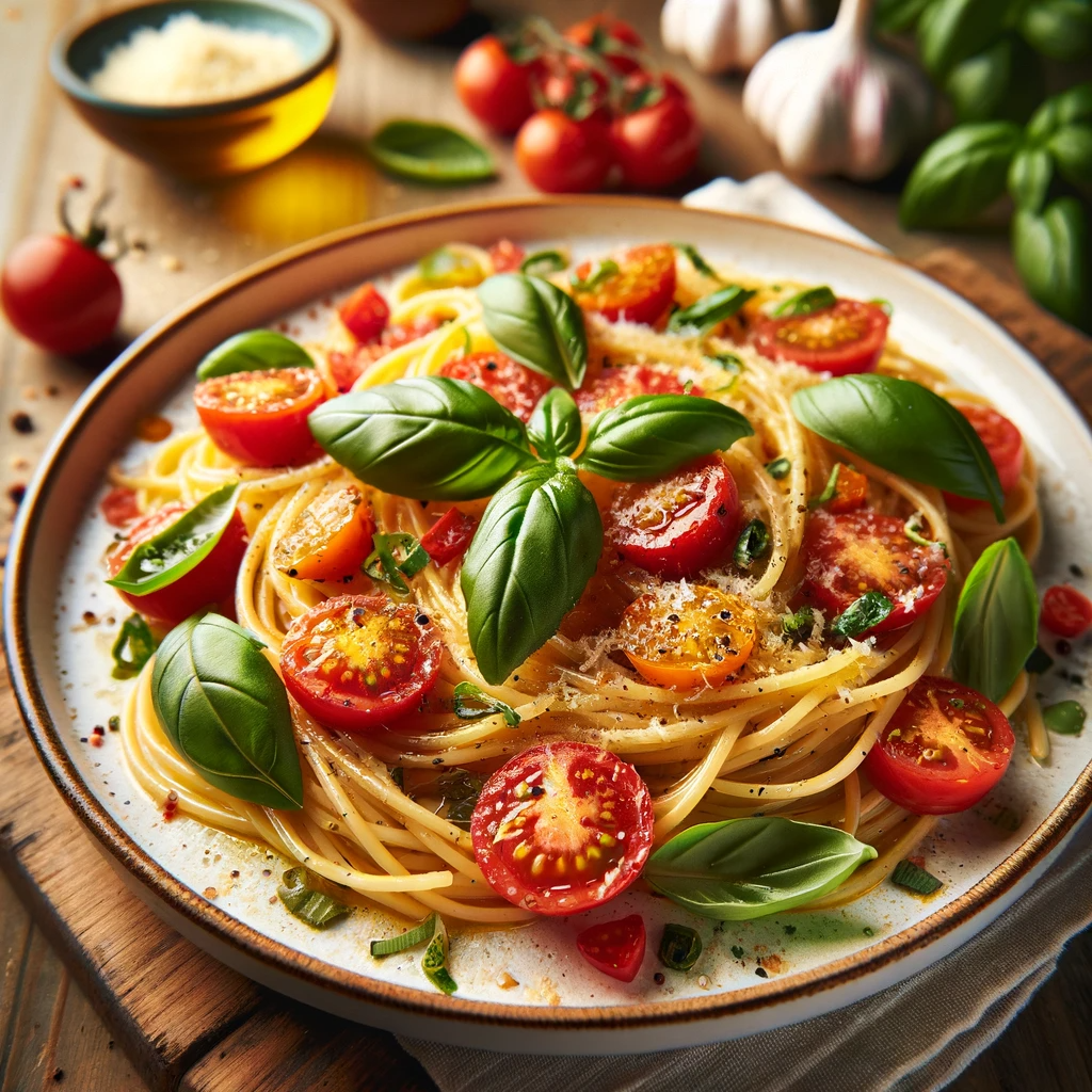 Garlic Infused Olive Oil Pasta with Tomato and Basil recipe. It beautifully represents the dish with its vibrant colors and elegant presentation.