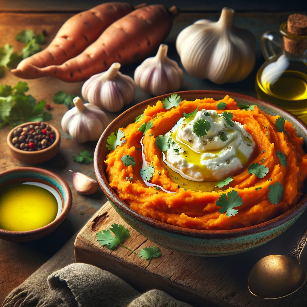 Italian Garlic Sweet Potato Mash with Greek Yogurt and Cilantro. This image beautifully captures the creamy texture and the rich blend of flavors, highlighting the innovative fusion of ingredients that make this dish a delightful addition to any meal.