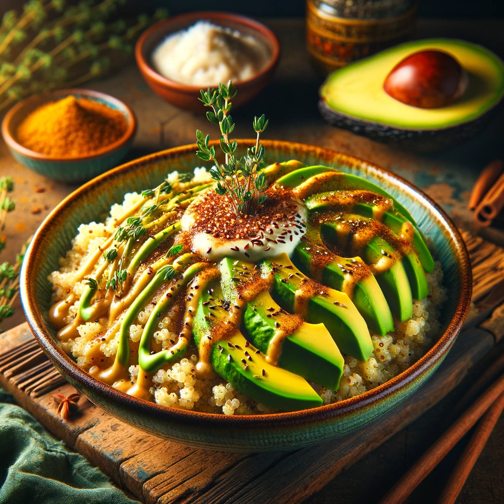 The visual representation of the Japanese-style Avocado and Quinoa Dinner. This image captures the essence of the dish, showcasing the vibrant colors and the harmonious blend of ingredients.