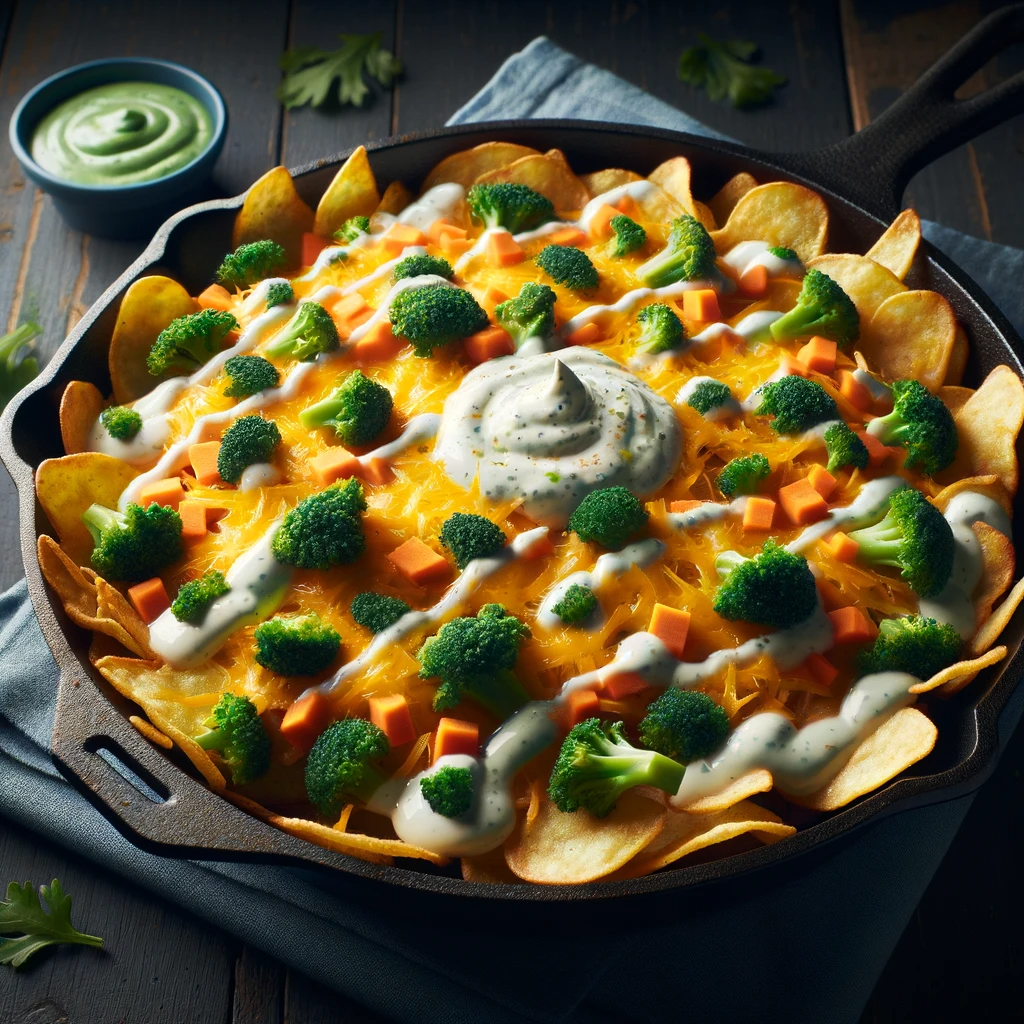 "An appetizing serving of Loaded Ranch Veggie Chips, a culinary delight born from AI recipe generator innovation, showcasing a tempting blend of crunchy chips, fresh vegetables, and creamy cheese.