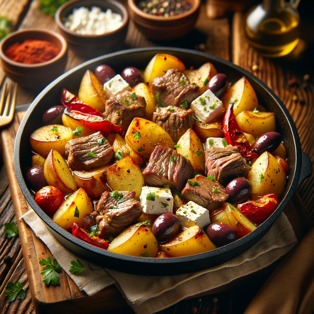 A luscious Mediterranean Lamb and Potato Skillet, brought to life with AI-based cooking advice, showcasing a sumptuous blend of traditional Mediterranean flavors and modern culinary artistry.