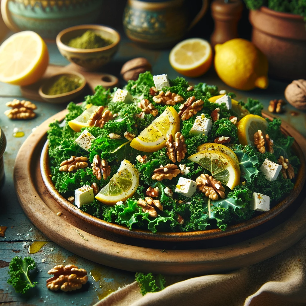 Mediterranean Style Lemon-Cumin Kale Salad with Walnuts and Feta Cheese. This image beautifully showcases the vibrant and nutritious ingredients, reflecting the joy and creativity of AI-enhanced cooking.