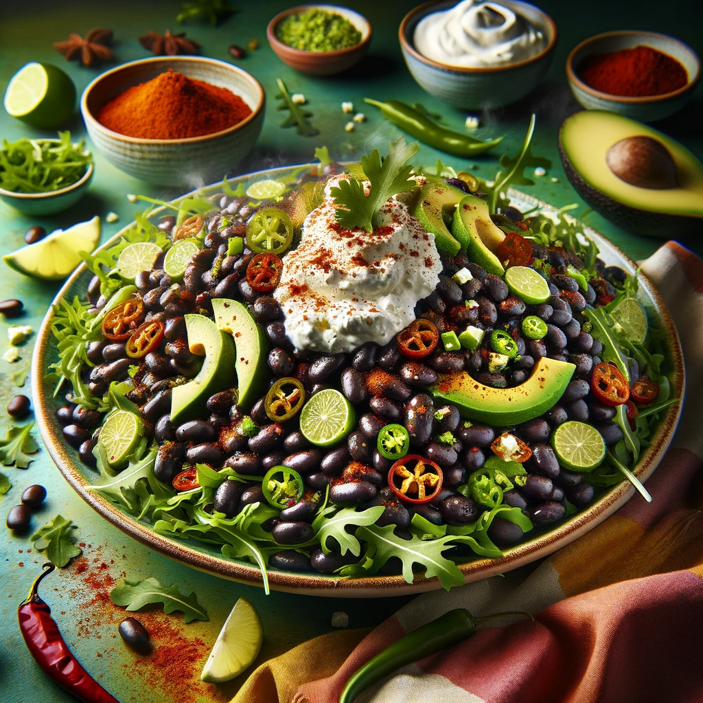 Mexican Ricotta Black Beans with Arugula. This image vividly captures the dish's vibrant colors and the rich combination of textures, highlighting the innovative home cooking style.