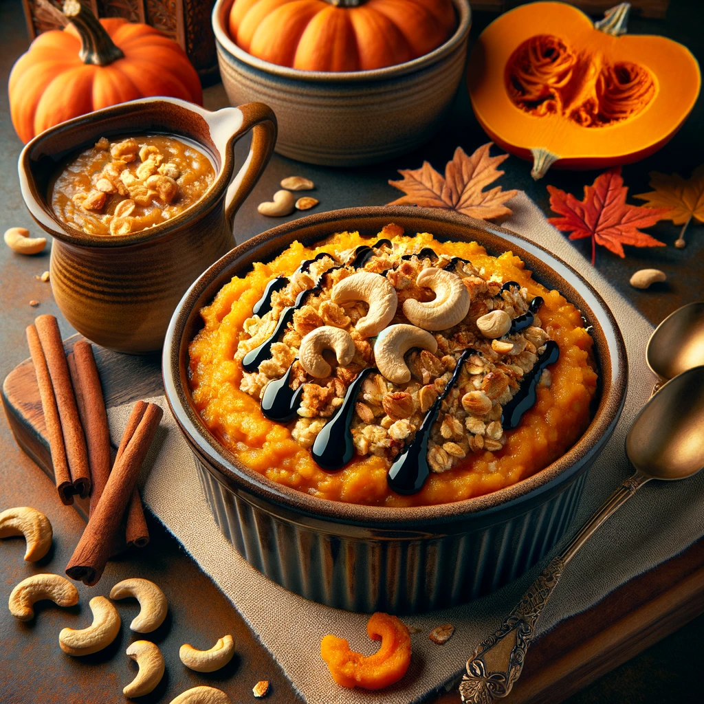 Pumpkin Saffron Oatmeal Crumble with Balsamic Cashew Drizzle. This image beautifully captures the essence of the dish, highlighting the warm, autumnal colors and the rich, inviting textures, showcasing the innovative and comforting nature of culinary AI technology in cooking.