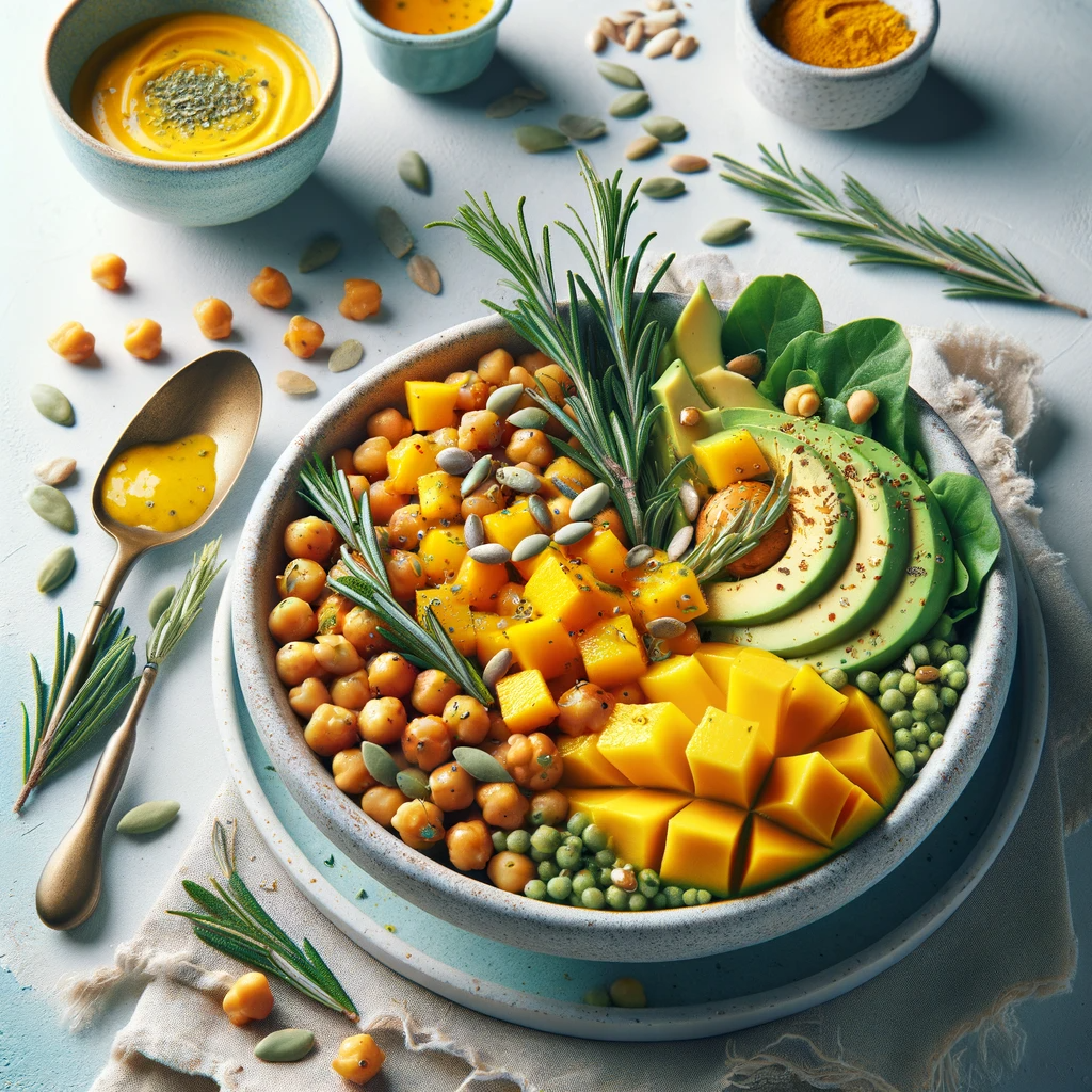 Rosemary Chickpea Mango Breakfast Bowl with Turmeric Buttermilk Dressing. This image beautifully captures the dish's vibrant colors and varied textures, reflecting the innovative and nutritious nature of culinary AI technology in cooking.