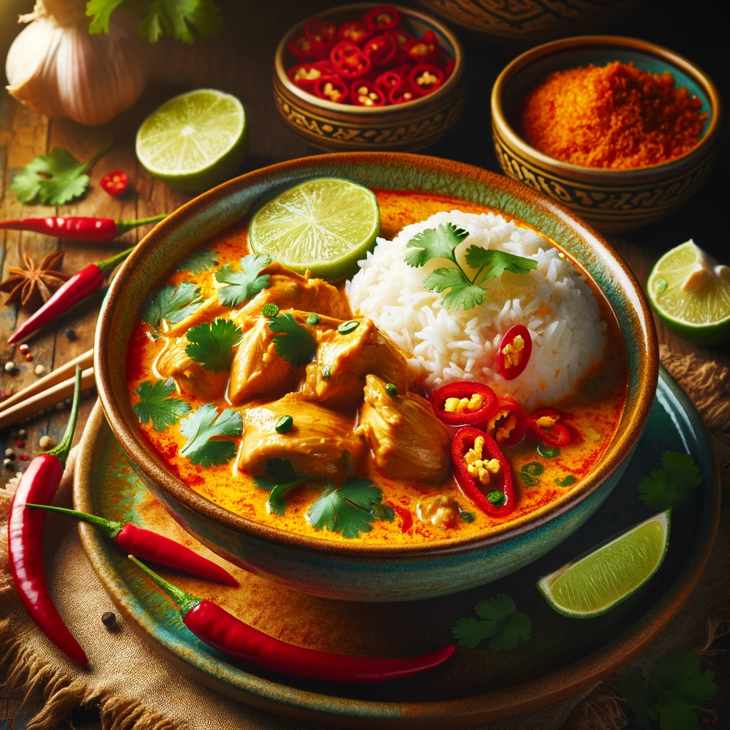 Thai Ginger Coconut Lime Chicken Curry. It visually brings to life the rich and creamy curry with its vibrant garnishes and side of fluffy jasmine rice.