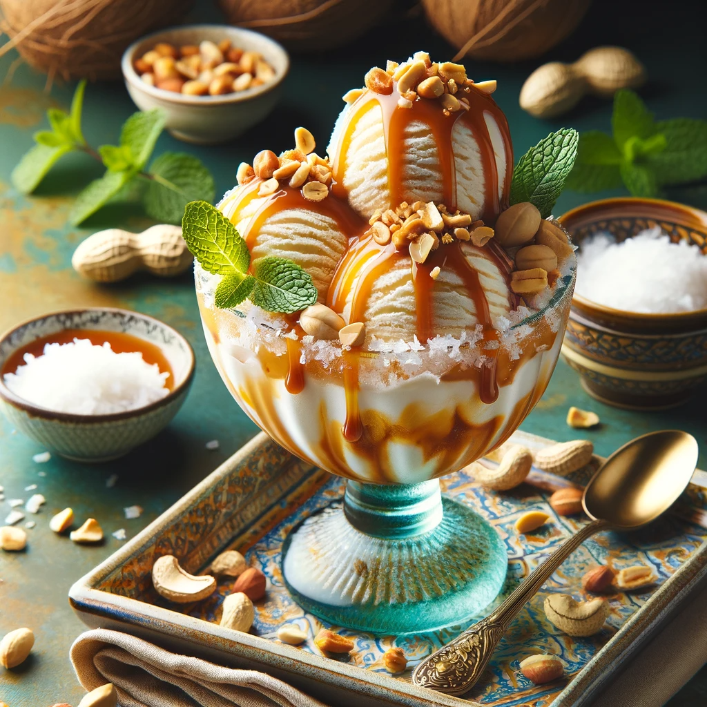 An exquisite Thai Ice Cream Sundae with Caramel and Peanuts, a delicious example of AI recipe generator creativity, blending traditional Thai flavors with classic sundae elements.