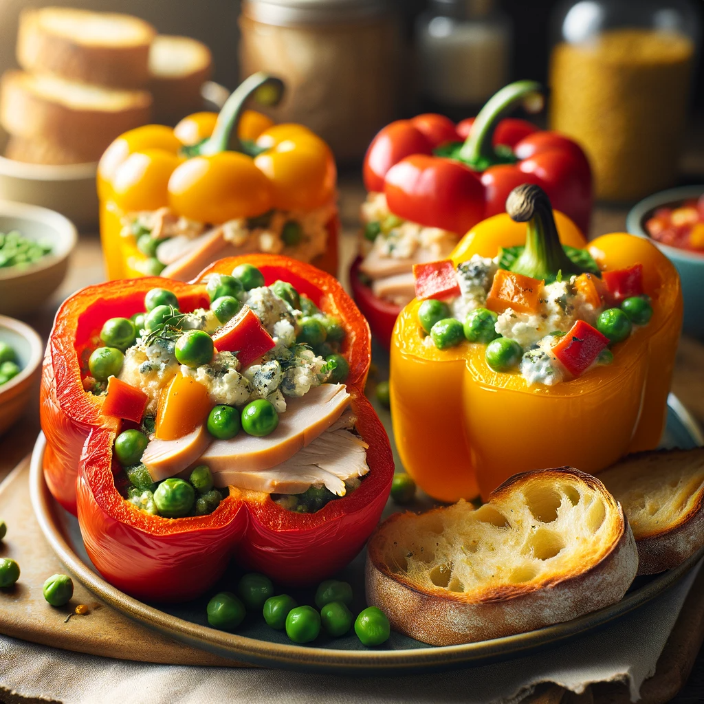 An image for your Turkey and Gorgonzola Stuffed Peppers recipe. It visually captures the essence of the dish with the vibrant colors of the bell peppers, the creamy filling, and the golden brown slices of sourdough bread, all set in a rustic kitchen atmosphere.