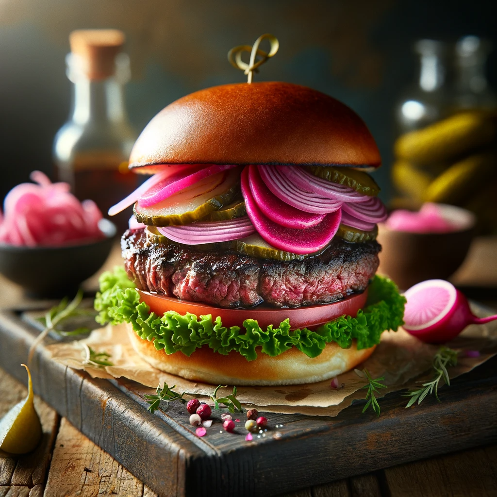 Venison Burger with Pickled Radish and Onion a gourmet twist on the classic American burger, showcasing venison's rich, gamey flavor paired with the tangy crunch of pickled radish and onion.