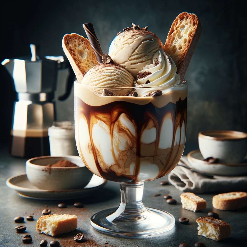 An elegant Affogato Sundae in a clear serving glass, showcasing two scoops of vanilla ice cream drenched in rich, room-temperature coffee. The ice cream is visibly melting under the warmth of the coffee, creating a beautiful marbling effect. Broken pieces of biscotti cookies are sprinkled on top, adding a crunchy texture.