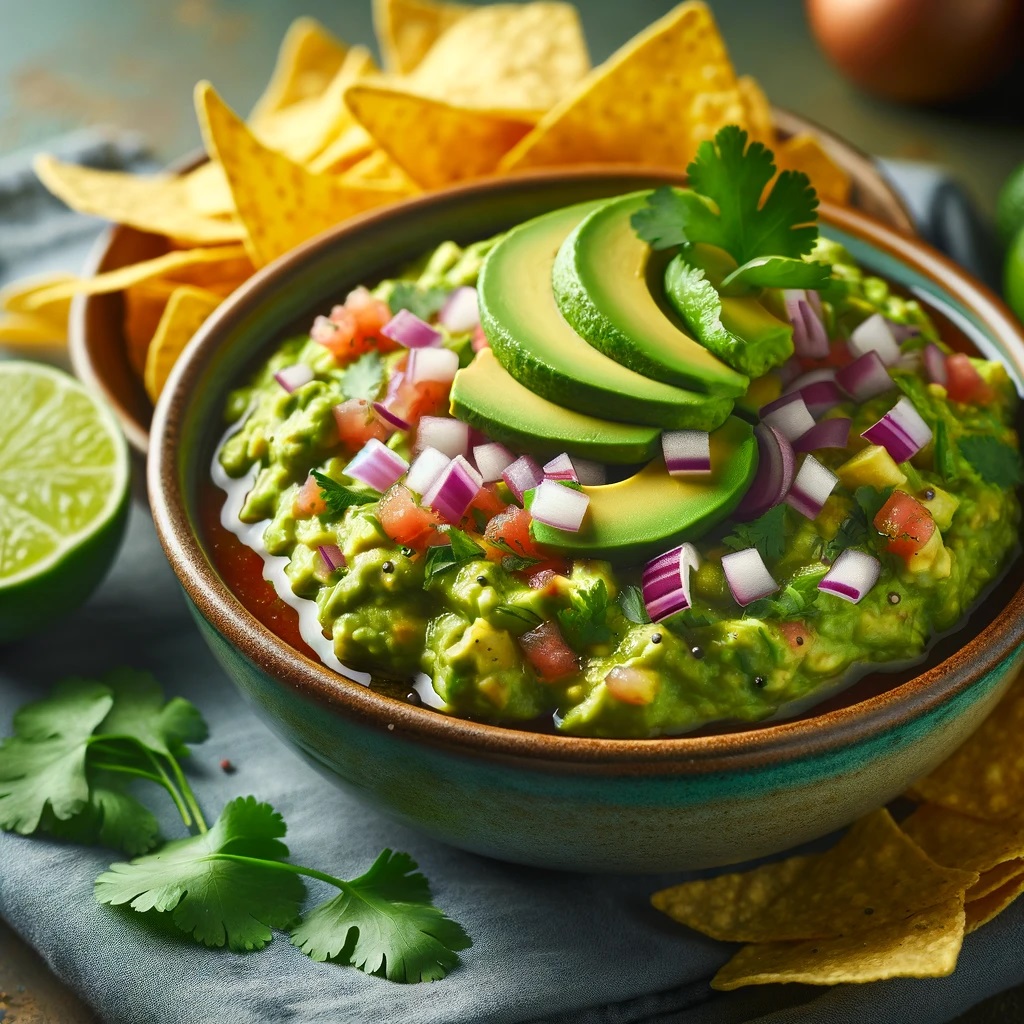 An inviting bowl of Avocado Salsa Dip, richly green and vibrant, garnished with finely chopped red onions and cilantro on top, served beside a pile of golden, crispy tortilla chips. The dip showcases a perfect mix of chunky avocado pieces and salsa, with a visible sprinkle of salt and pepper for seasoning. A lime wedge rests on the side of the bowl for added zest.