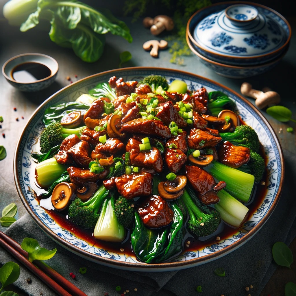 A vibrant and enticing plate of Chinese Alligator Stir-Fry, featuring succulent bite-sized pieces of alligator meat, nestled among a bed of bright green bok choy and earthy slices of shiitake mushrooms. The dish is beautifully garnished with minced ginger, all coated in a glossy, savory sauce enhanced by soy sauce and a hint of sesame oil.