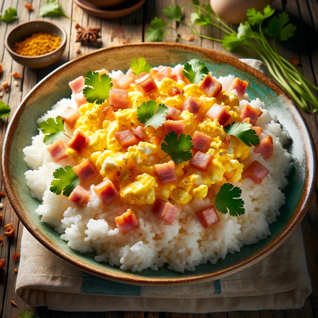 A visual representation of the Thai Style Coconut Rice Breakfast with Eggs and Ham, capturing the essence and vibrant flavors of the dish.