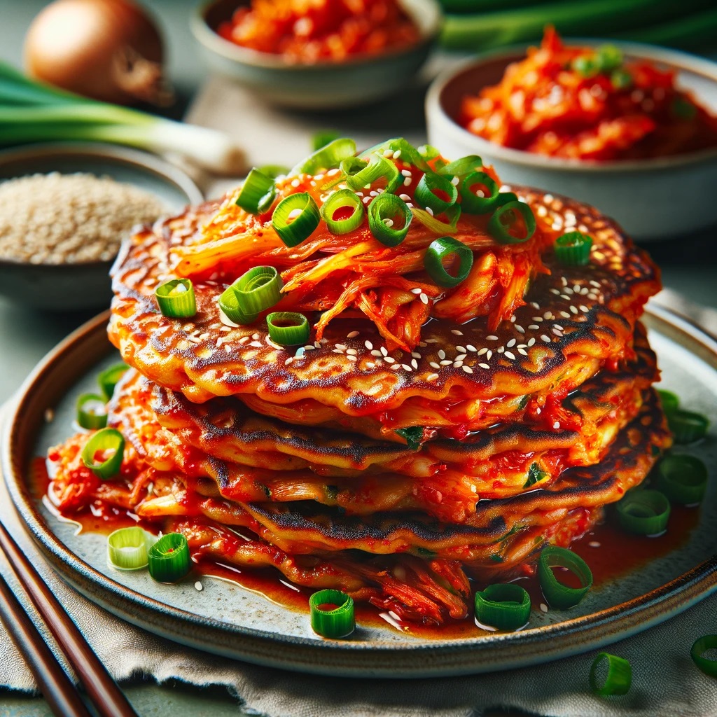 A close-up image of spicy, crispy Gochujang Kimchi Pancakes on a plate, beautifully garnished with sesame seeds and chopped green onions. The pancakes have a golden-brown exterior with visible pieces of kimchi throughout, offering a glimpse into their spicy and tangy interior. The vibrant red of the gochujang and the green of the onions create a striking contrast against the pancakes, inviting the viewer to indulge in a taste of Korean cuisine.