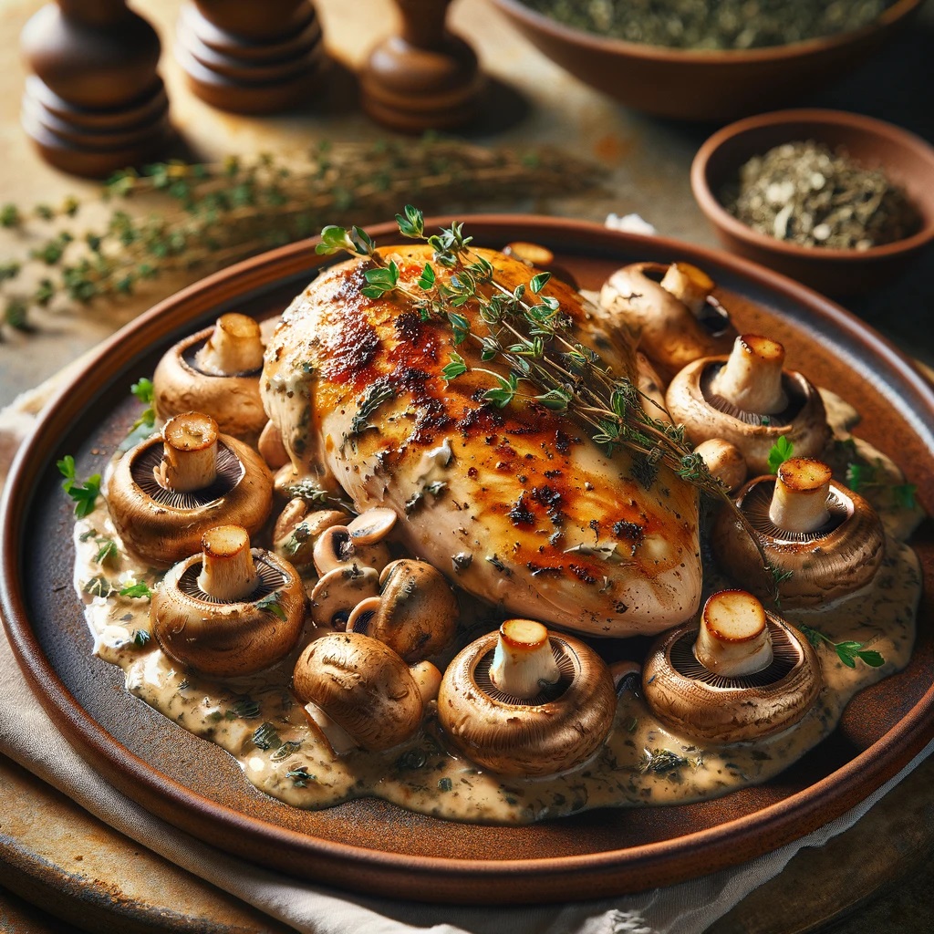 A beautifully plated dish of Italian Chicken with Mushrooms and Thyme, showcasing succulent chicken breasts elegantly topped with a rich, creamy mushroom and thyme sauce. The chicken sits atop a rustic, earthenware plate, surrounded by a medley of golden-browned cremini mushrooms. Sprinkles of fresh thyme leaves and a garnish of chopped parsley add a vibrant green contrast to the creamy tones of the sauce.