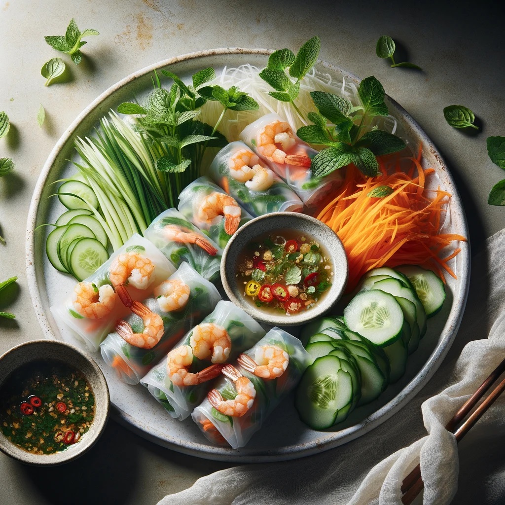 Lemon Grass Shrimp Rice Paper Rolls with Nuoc Cham Dipping Sauce.