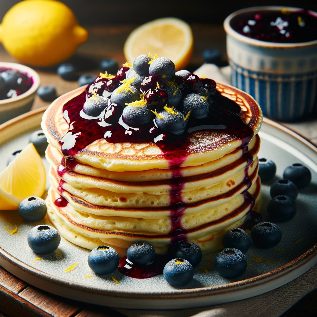 A stack of fluffy lemon ricotta pancakes on a plate, generously topped with a vibrant blueberry compote. The pancakes are light and airy, with visible flecks of lemon zest throughout, showcasing a perfect golden brown exterior. Beside the plate is a small bowl filled with extra blueberry compote, and a few fresh blueberries and lemon slices are scattered around for decoration.