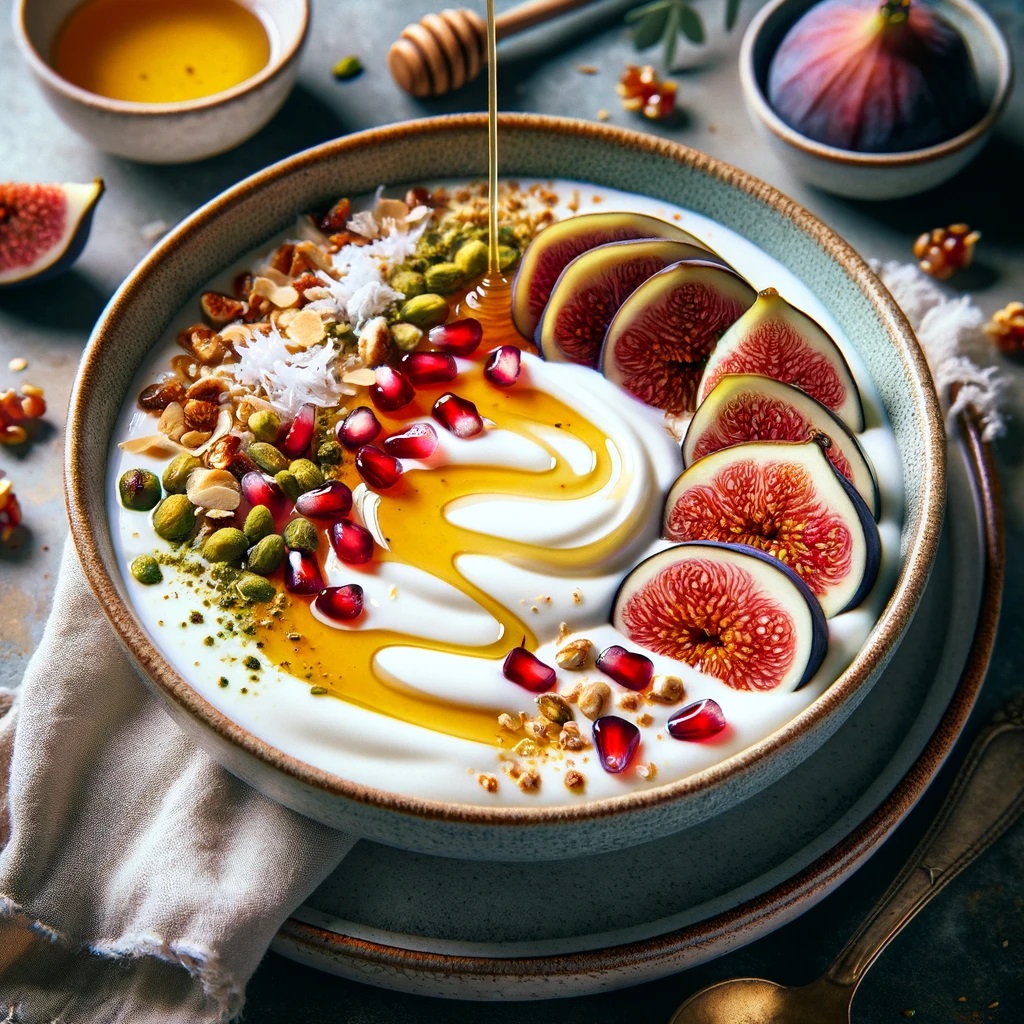 A serene and appetizing Mediterranean Fruit and Honey Breakfast Bowl, featuring a smooth layer of Greek yogurt elegantly drizzled with golden honey. On top, sliced fresh figs and sparkling pomegranate seeds create a jewel-like appearance. Optional toppings like crushed pistachios, shredded coconut, and granola are sprinkled over, adding texture and a dash of color. The bowl is set on a simple yet stylish table, embodying a morning ritual that's both healthful and indulgent.