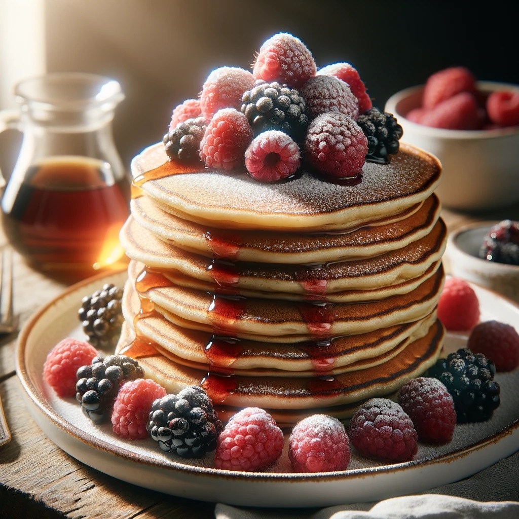 A stack of golden brown pancakes filled with fresh raspberries and blackberries, served on a rustic white plate. The pancakes are topped with a light dusting of powdered sugar, a few extra berries on top for garnish, and a side of maple syrup. The scene is set on a wooden table with a soft morning light casting a warm glow, highlighting the vibrant colors of the berries and the fluffy texture of the pancakes.