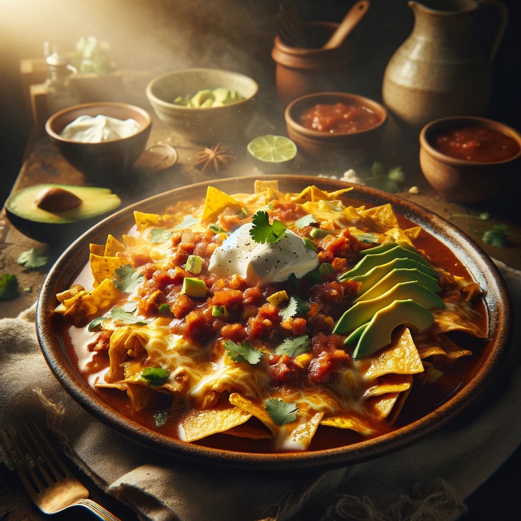 A rustic plate featuring Chilaquiles, with the tortilla chips soaked in rich, bubbling salsa.