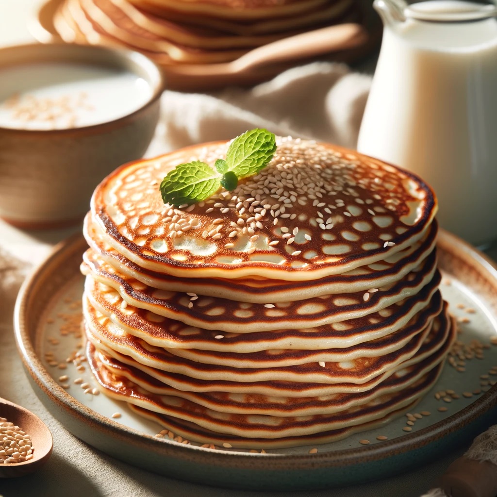 A stack of thin, golden-brown sesame pancakes on a plate, lightly brushed with sesame oil, garnished with a sprinkle of sesame seeds and a few fresh mint leaves. Beside the plate, a small bowl of warm, sweetened soy milk.